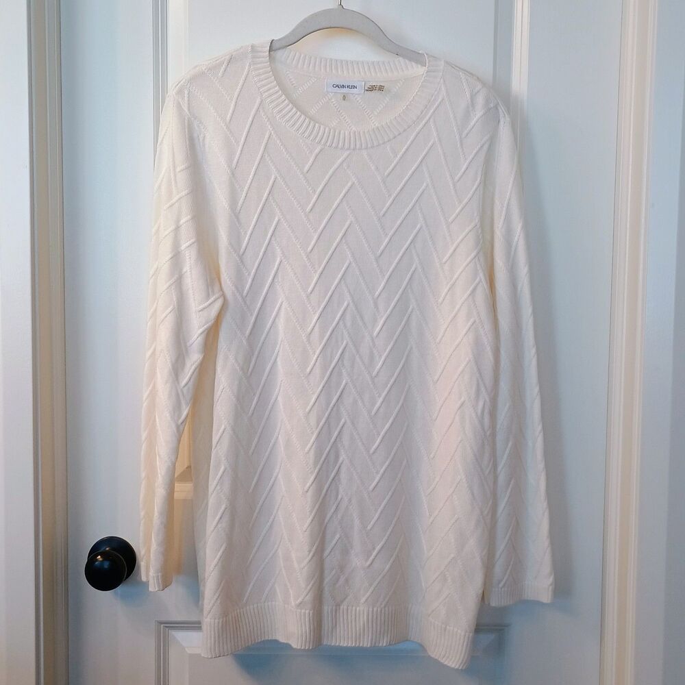 Calvin Klein White Chevron Textured Knit Crewneck Sweater, Women's XL
